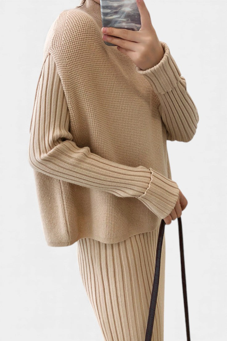 Two Piece Knit Set for Women - Long Sleeve Top and Midi Skirt