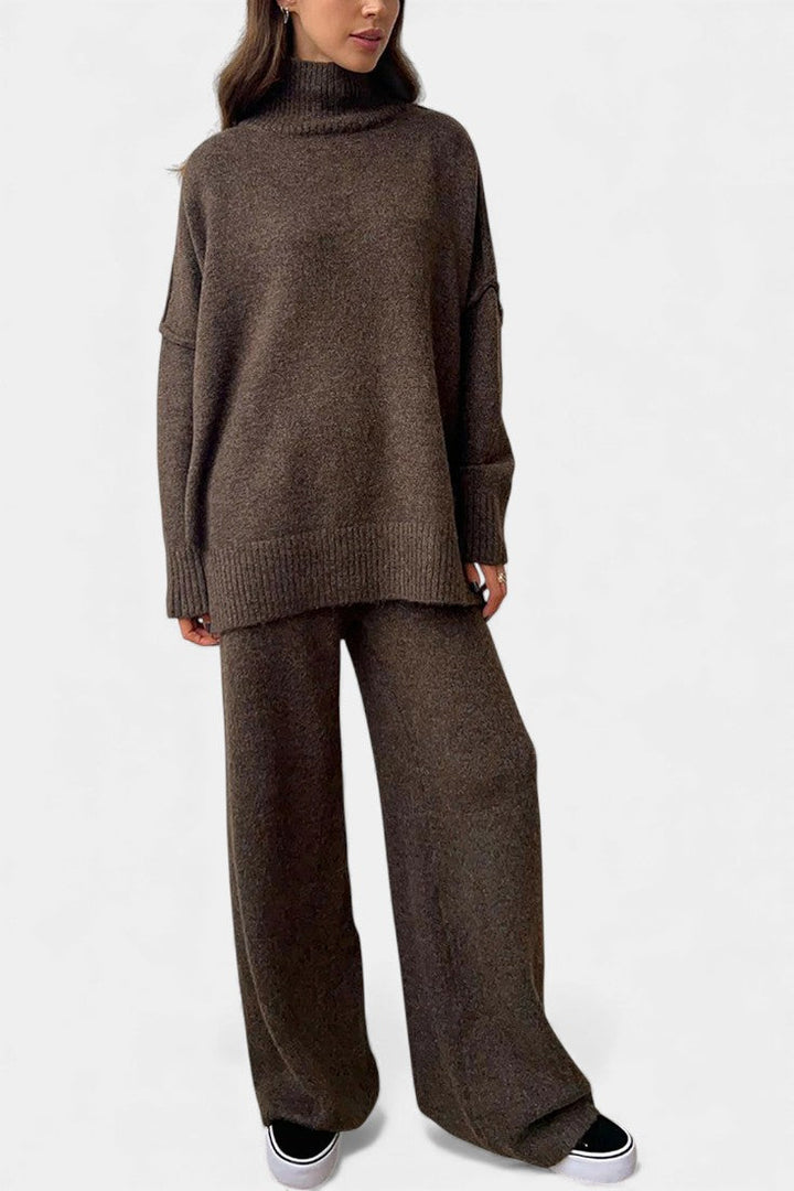 Knit Sweater and Wide Leg Pants Set - Turtleneck Two Piece Outfit