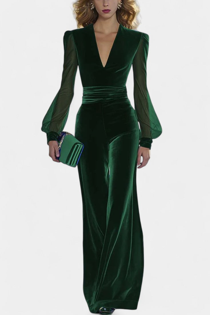 Velvet Jumpsuit for Women - Long Sleeve V-Neck Evening Jumpsuit