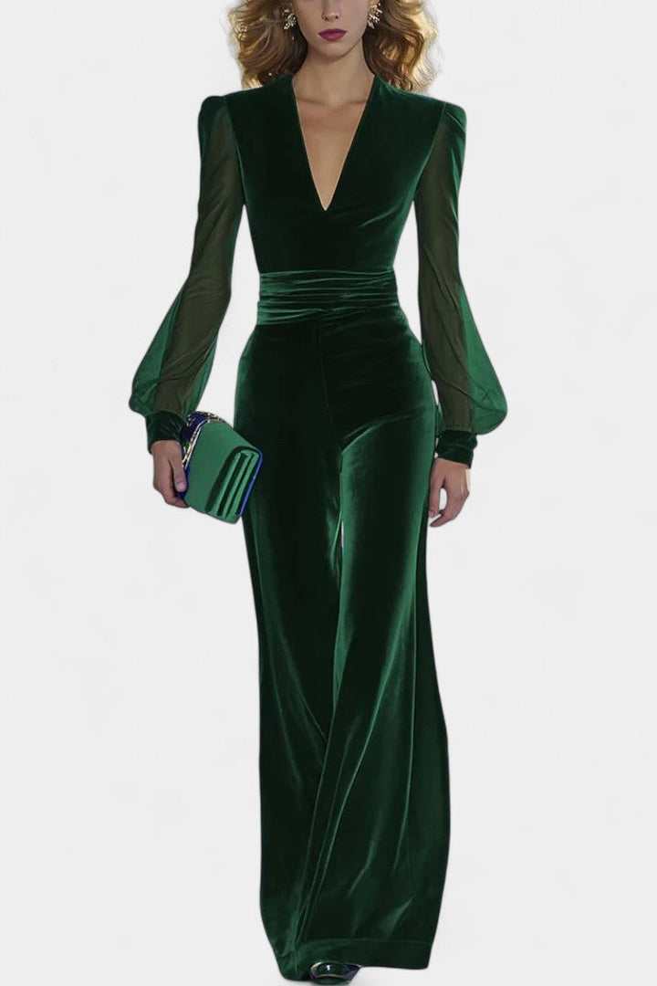 Velvet Jumpsuit for Women - Long Sleeve V-Neck Evening Jumpsuit