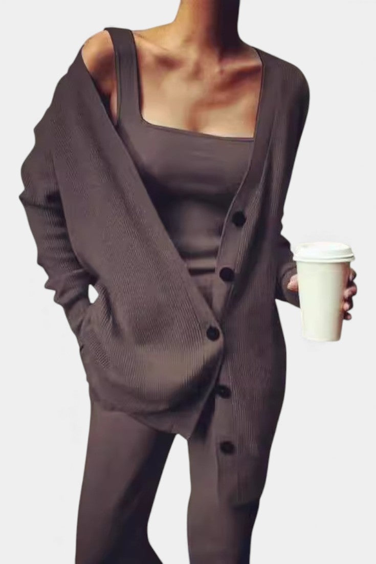 Cozy Knit Three Piece Set - Cardigan Top and Pants Lounge Set