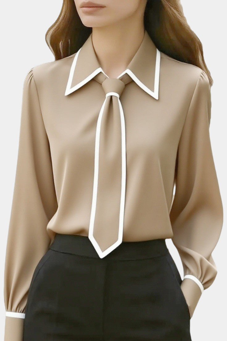 Ivory Blouse with Knotted Collar and Black Contrast Trim