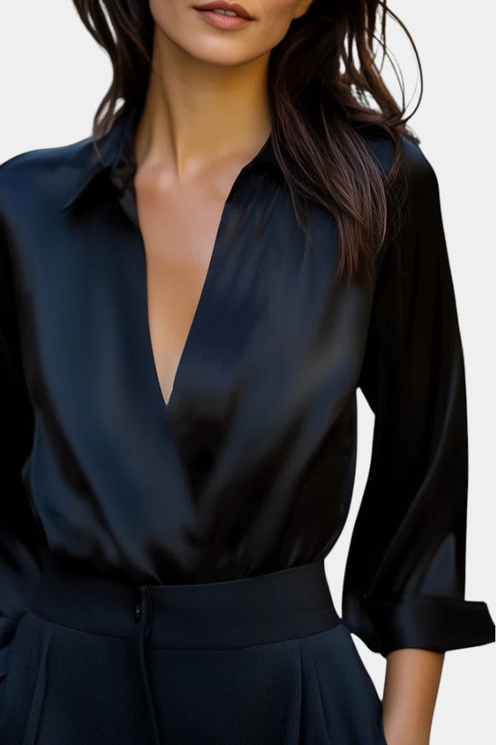 Silver Satin Blouse with Plunging Neckline - Elegant Loose Fit Top