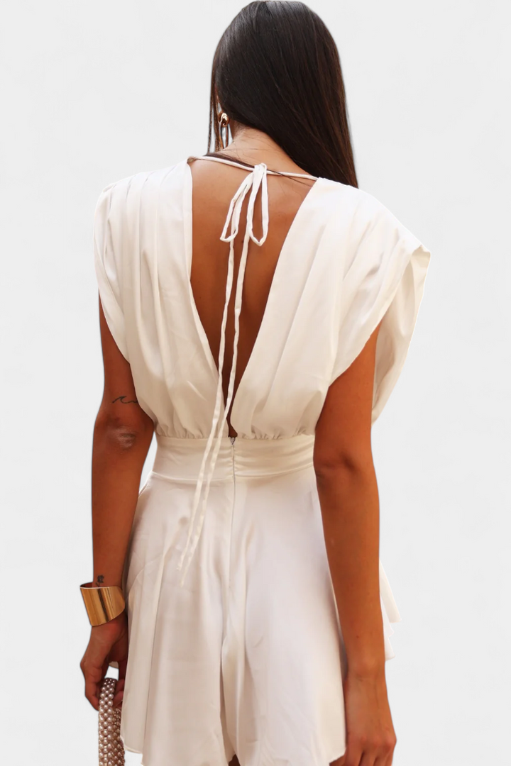 Cape Jumpsuit with Plunging Neckline - Elegant Wide Leg Romper
