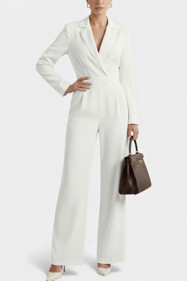 High-Waisted Jumpsuit with Pockets - Long Sleeve Cotton Blend