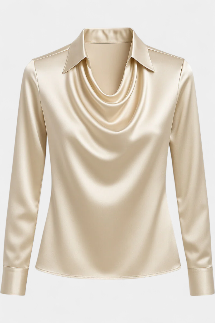 Satin Blouse with Cascade Neckline for Women - Elegant Workwear