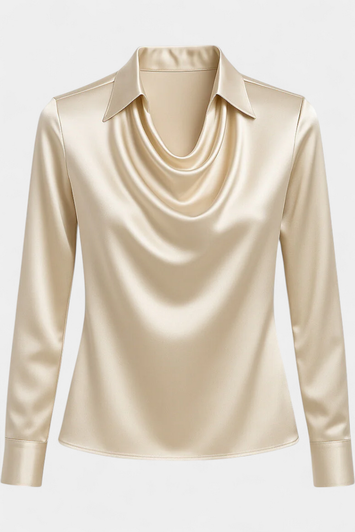 Satin Blouse with Cascade Neckline for Women - Elegant Workwear