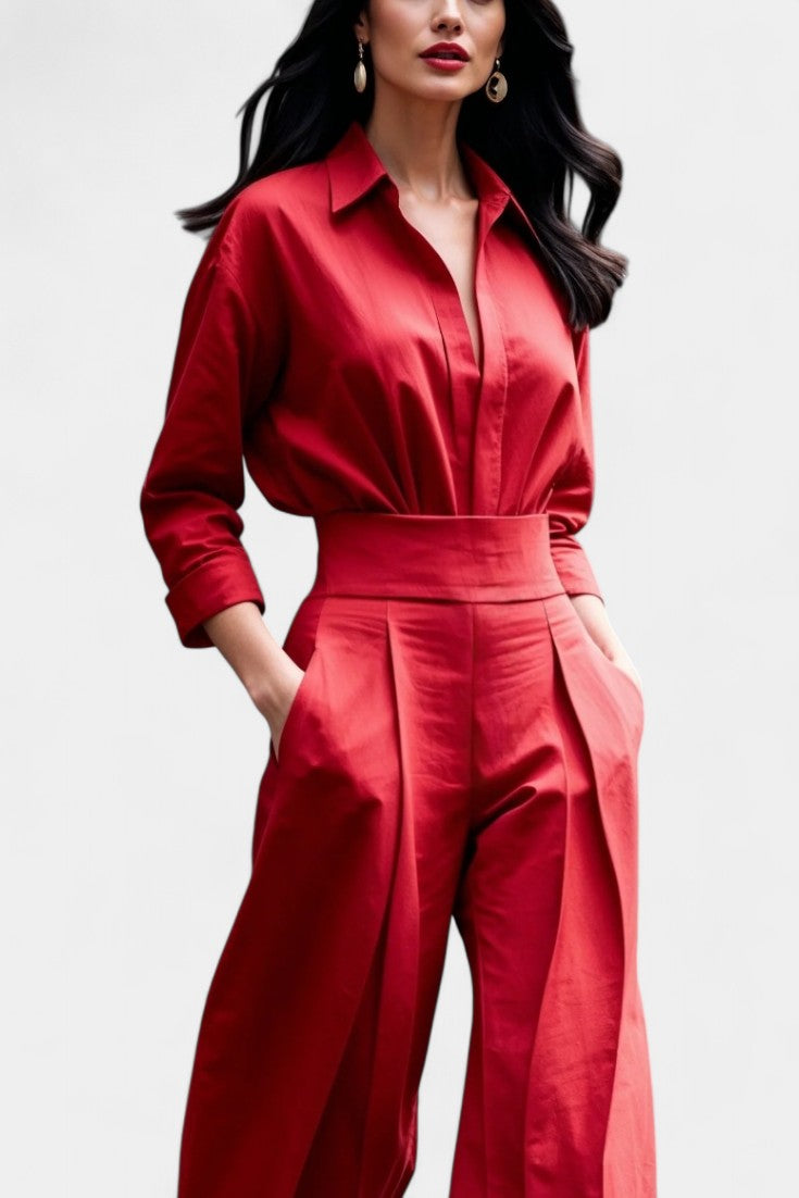 Button Up Shirt and Pleated Trouser Set for Women