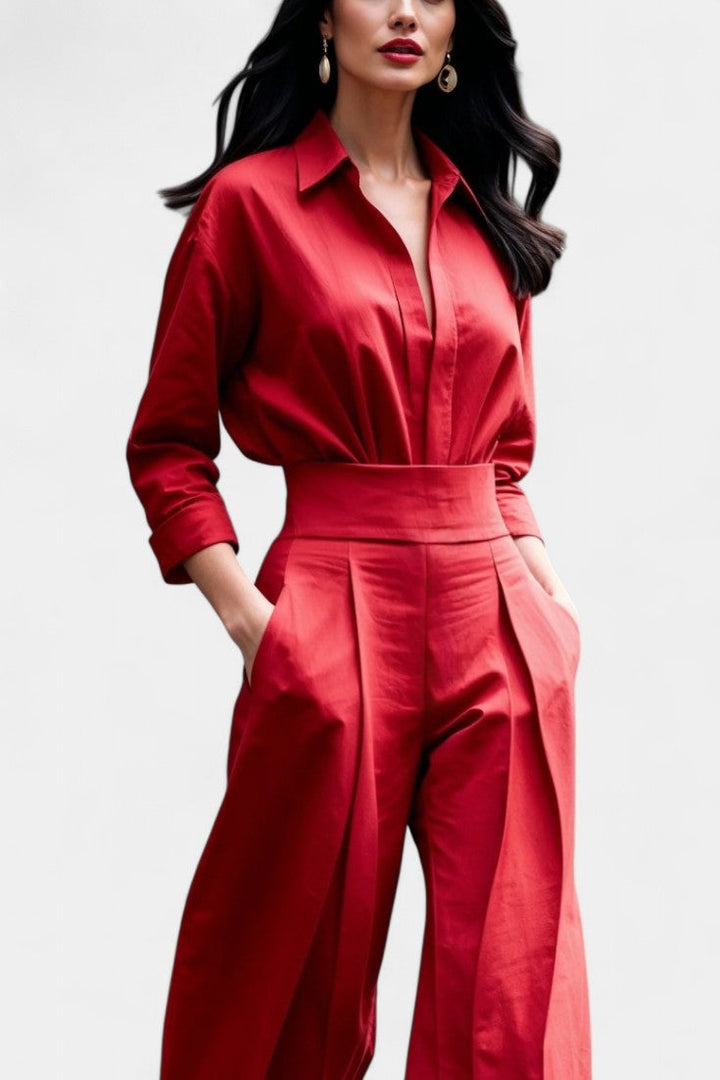 Button Up Shirt and Pleated Trouser Set for Women