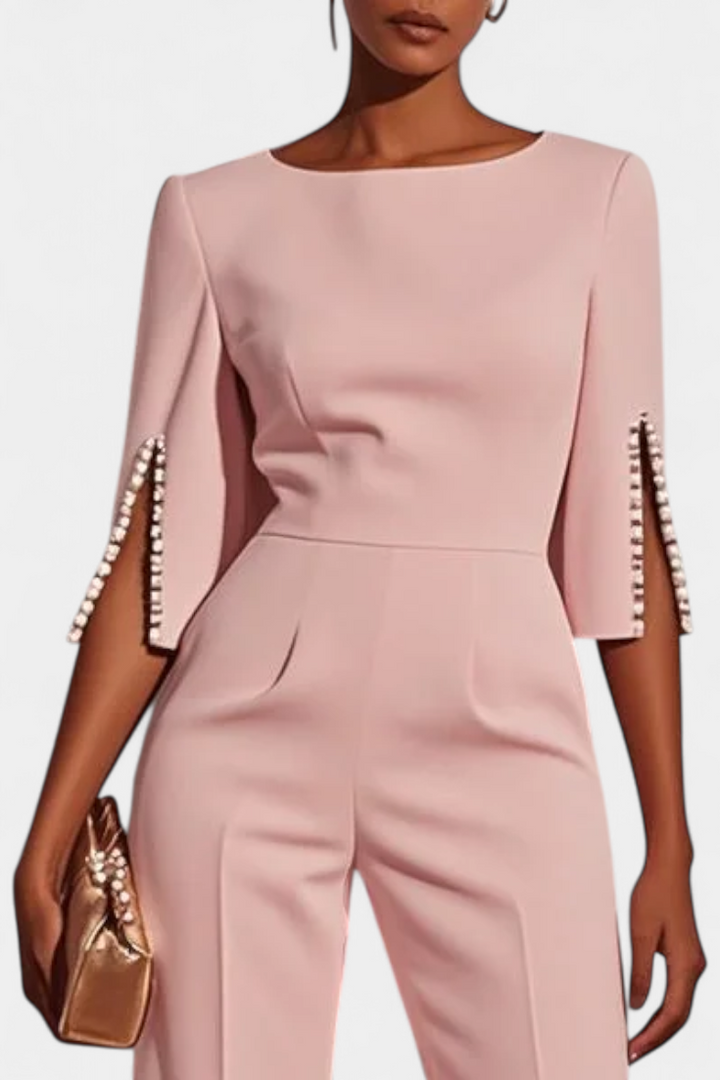 Three-Quarter Sleeve Jumpsuit with Pearl Button Detail
