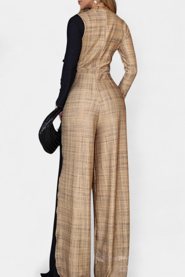 Wide Leg Jumpsuit Colorblock V-Neck for Women