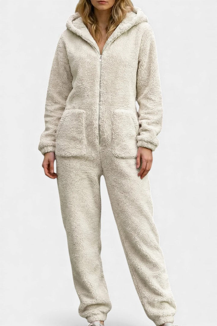 Hooded Plush Jumpsuit with Zip Front for Women