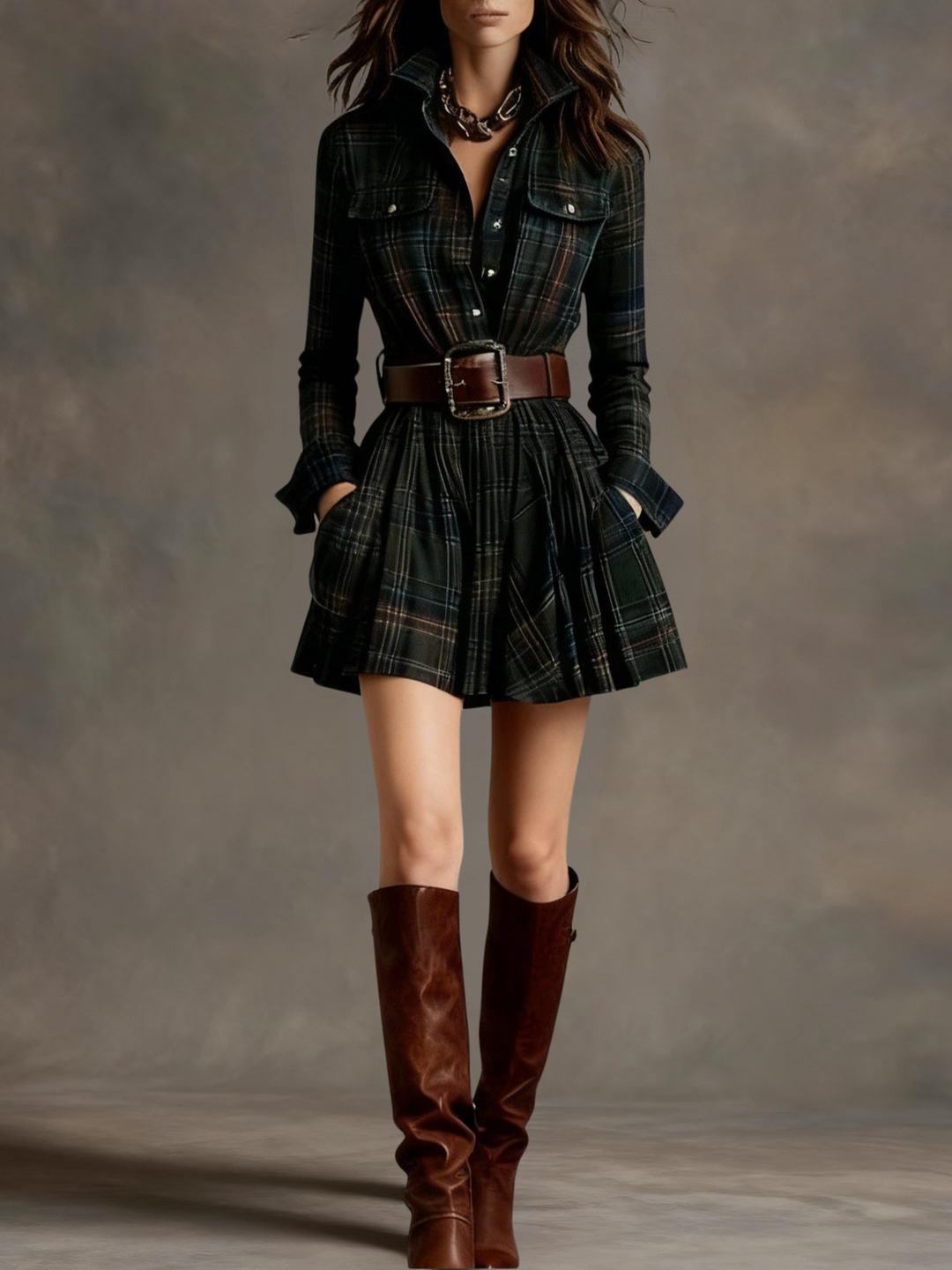Plaid Shirt Dress Mini Length for Women