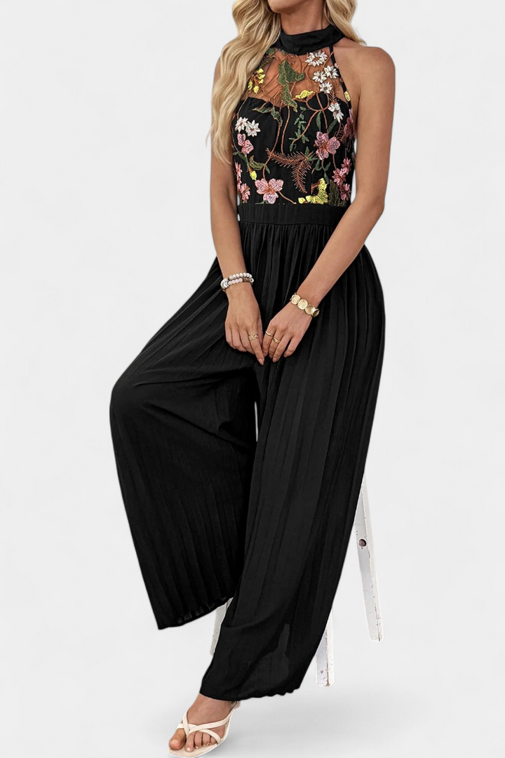 Floral Lace Halter Jumpsuit with Pleated Palazzo Pants