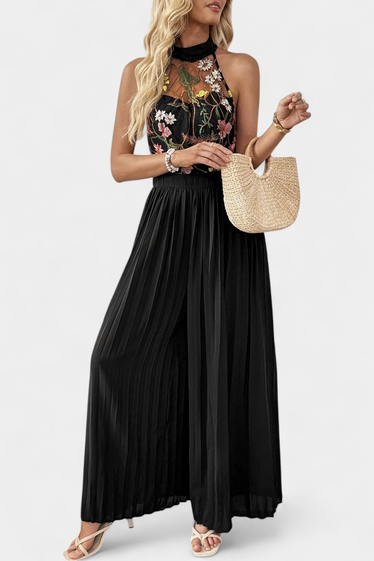 Floral Lace Halter Jumpsuit with Pleated Palazzo Pants