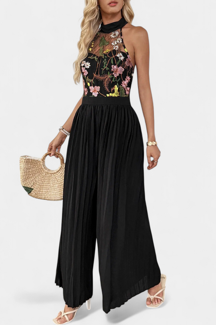 Floral Lace Halter Jumpsuit with Pleated Palazzo Pants