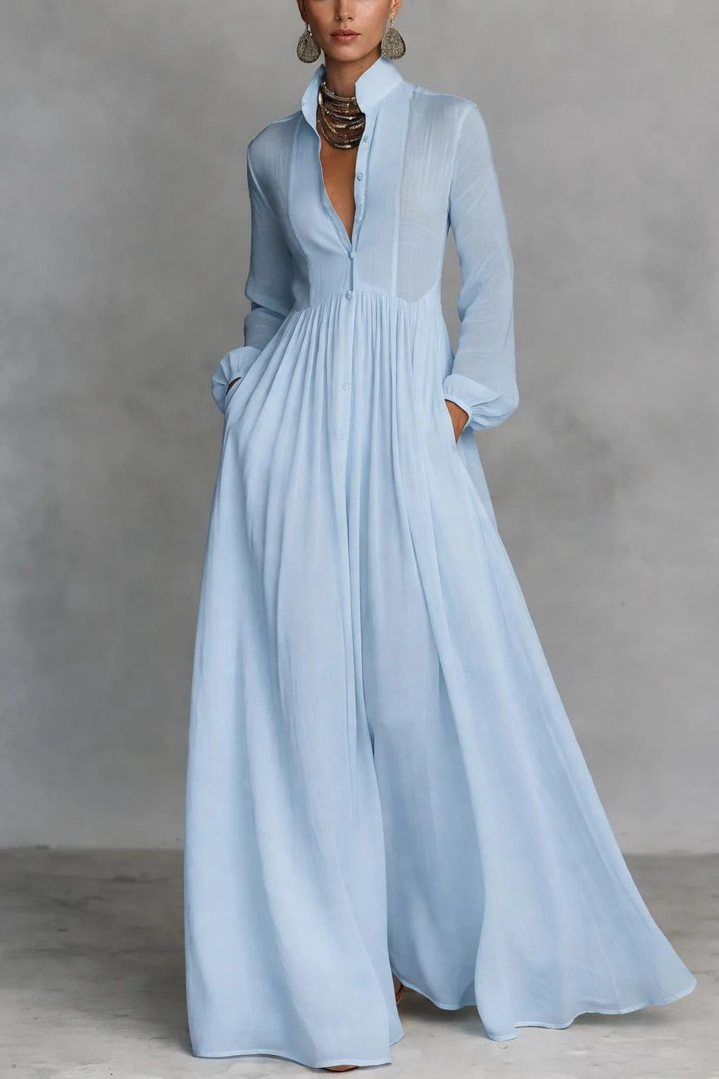 Button Front Maxi Dress - Flowing Long Dress for Women