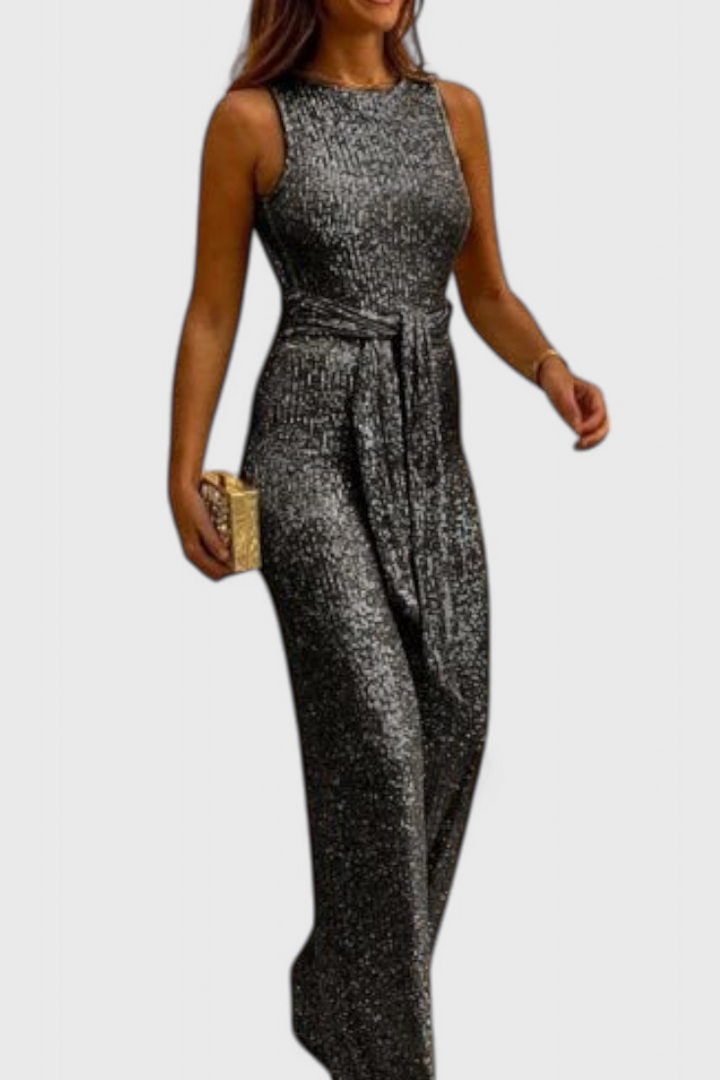 Sequin Jumpsuit for Women - Adjustable Waist Long Evening Jumpsuit