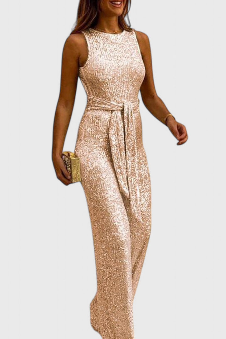Sequin Jumpsuit for Women - Adjustable Waist Long Evening Jumpsuit