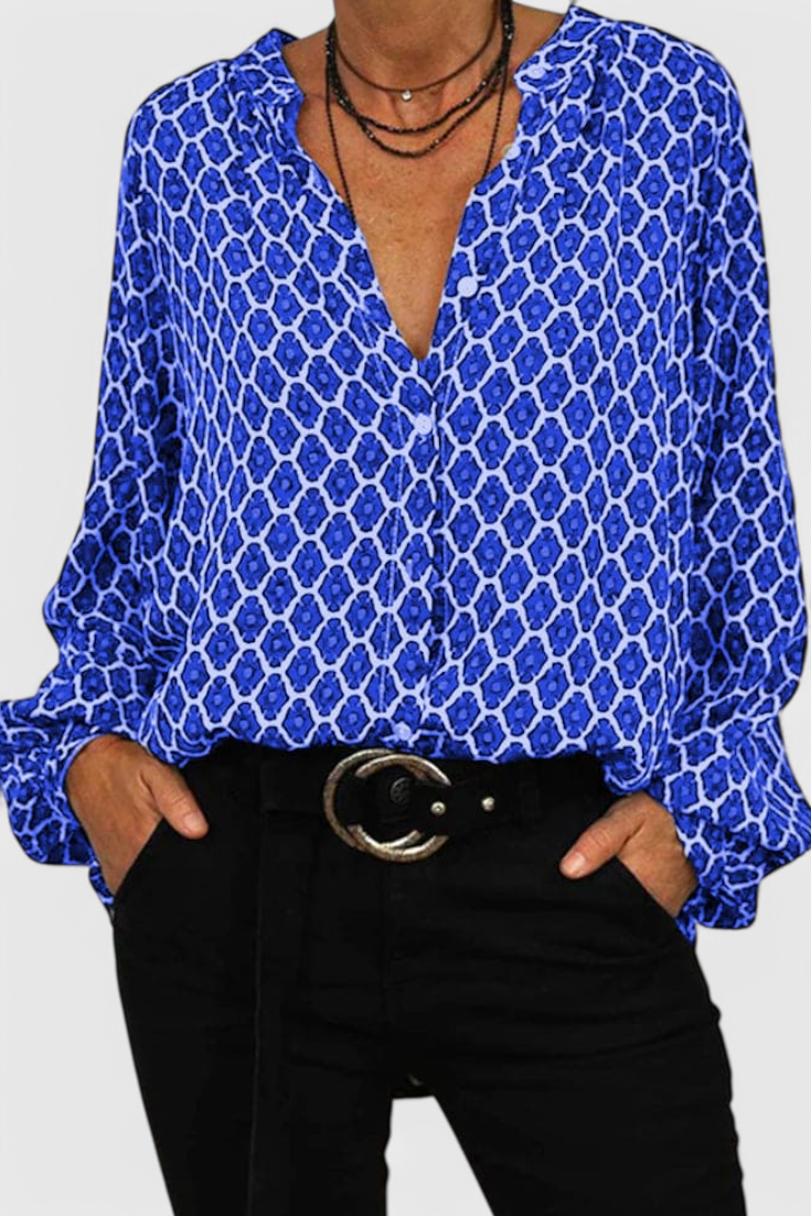 Geometric Print Blouse with Button Details and V-Neck