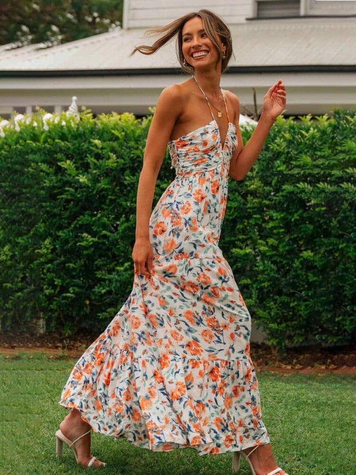 Floral Maxi Dress with Elegant Neckline for Summer