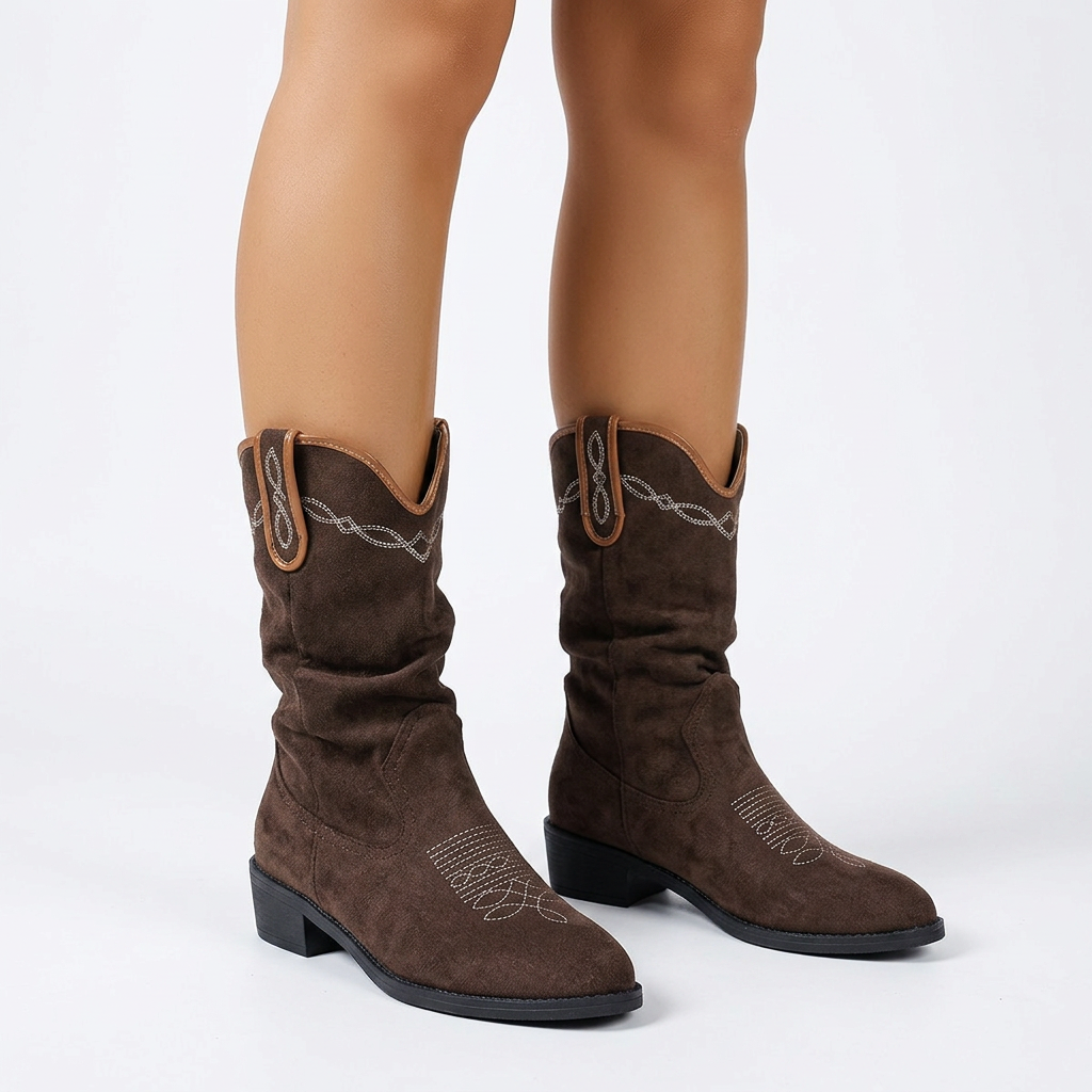 Suede Cowboy Boots for Women with Embroidered Detail and Slouchy Fit