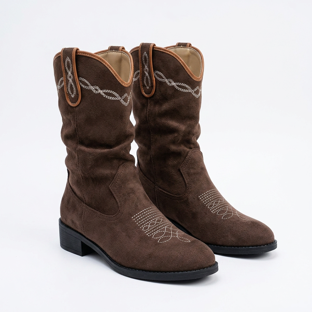 Suede Cowboy Boots for Women with Embroidered Detail and Slouchy Fit