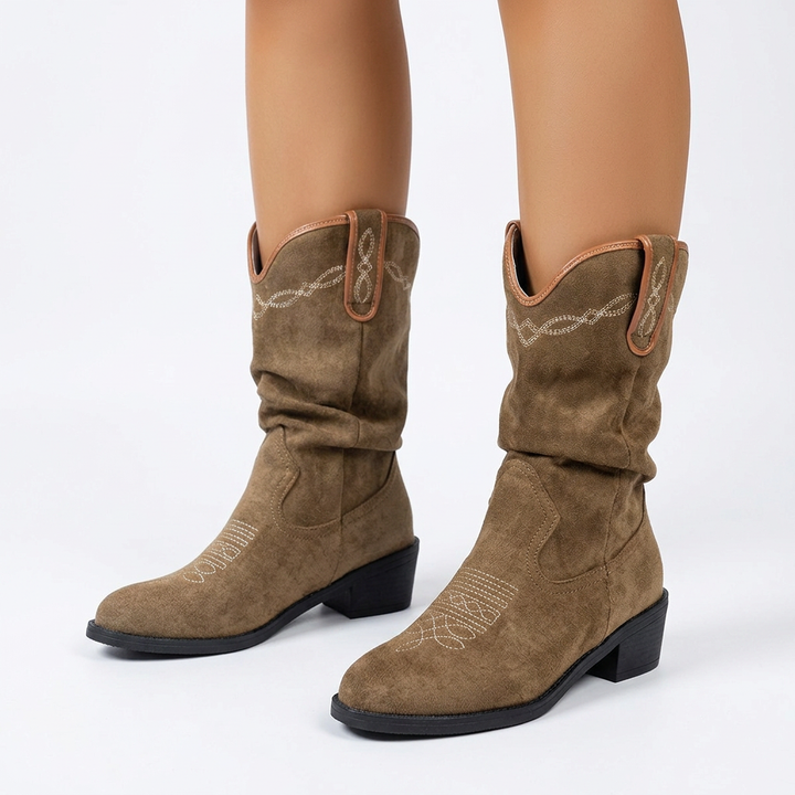 Suede Cowboy Boots for Women with Embroidered Detail and Slouchy Fit