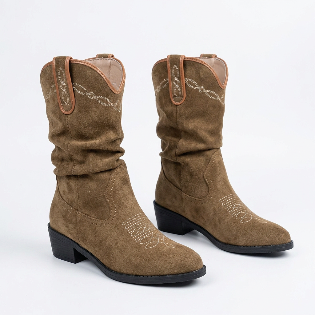 Suede Cowboy Boots for Women with Embroidered Detail and Slouchy Fit
