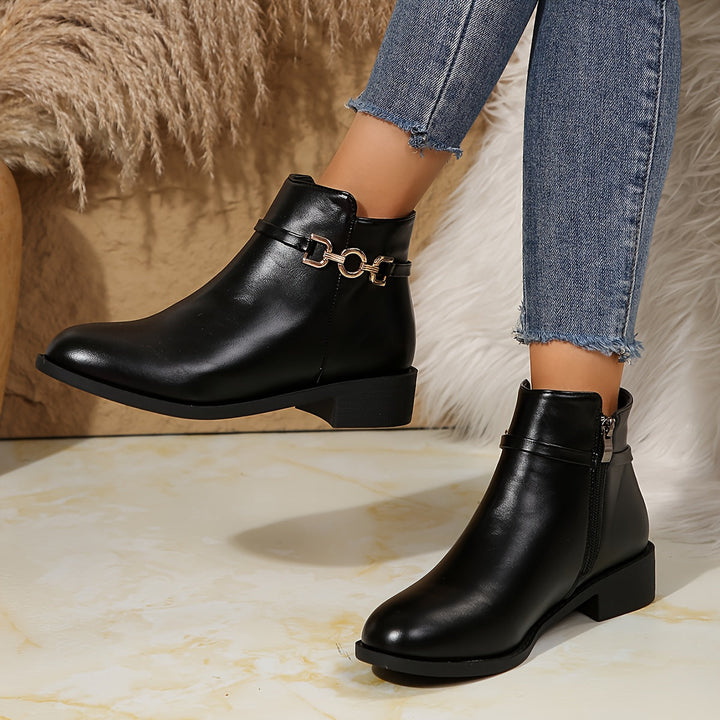 Black Chelsea Ankle Boots With Gold Chain Detail Block Heel
