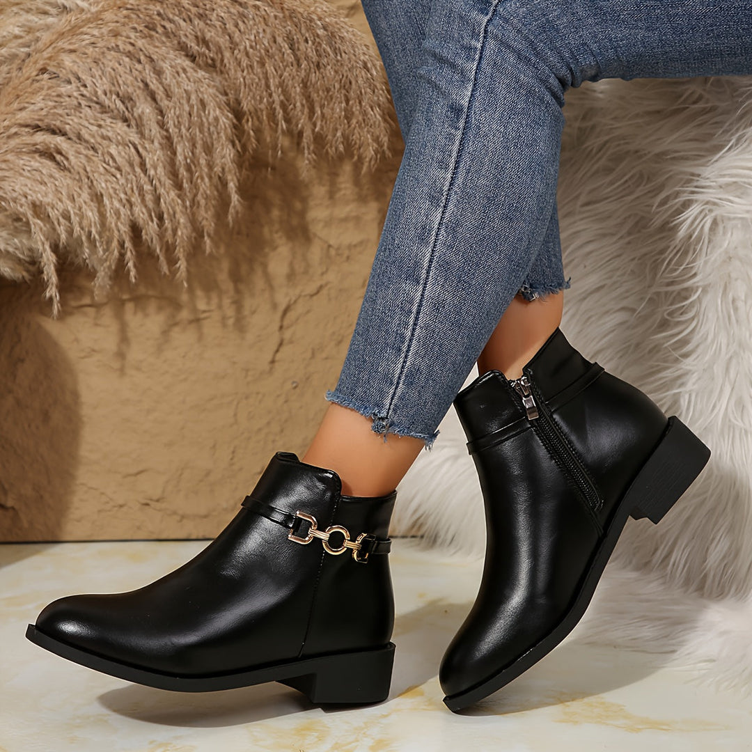 Black Chelsea Ankle Boots With Gold Chain Detail Block Heel