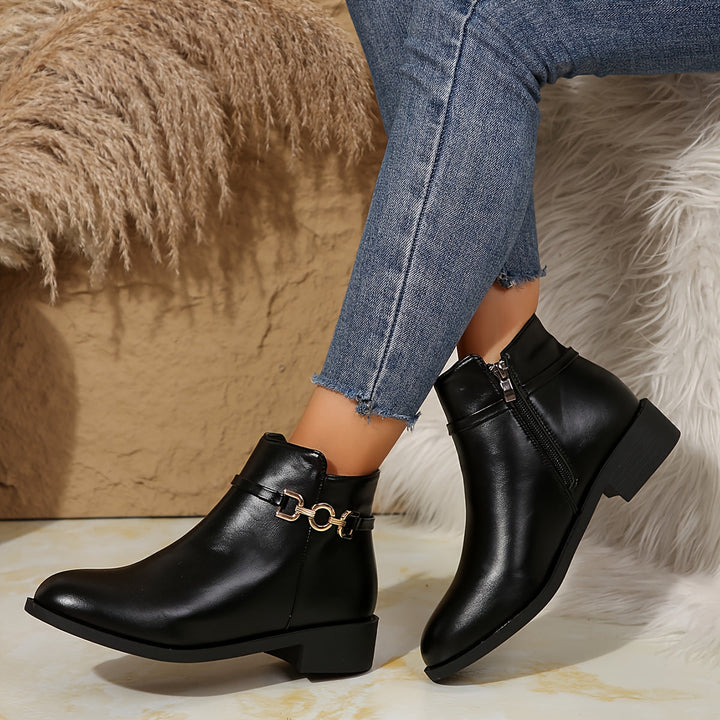 Black Chelsea Ankle Boots With Gold Chain Detail Block Heel