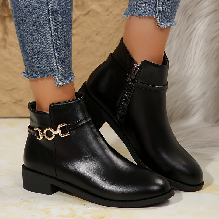 Black Chelsea Ankle Boots With Gold Chain Detail Block Heel