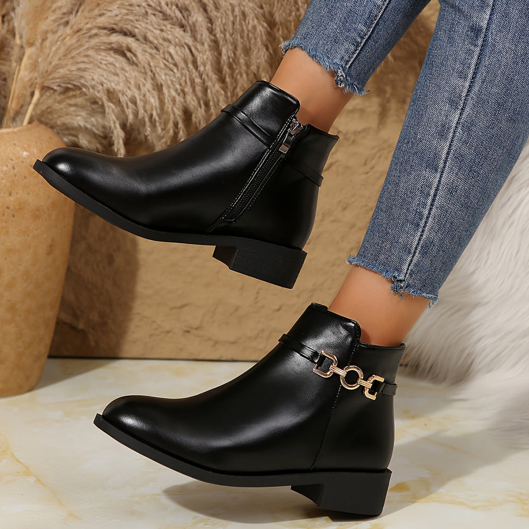 Black Chelsea Ankle Boots With Gold Chain Detail Block Heel