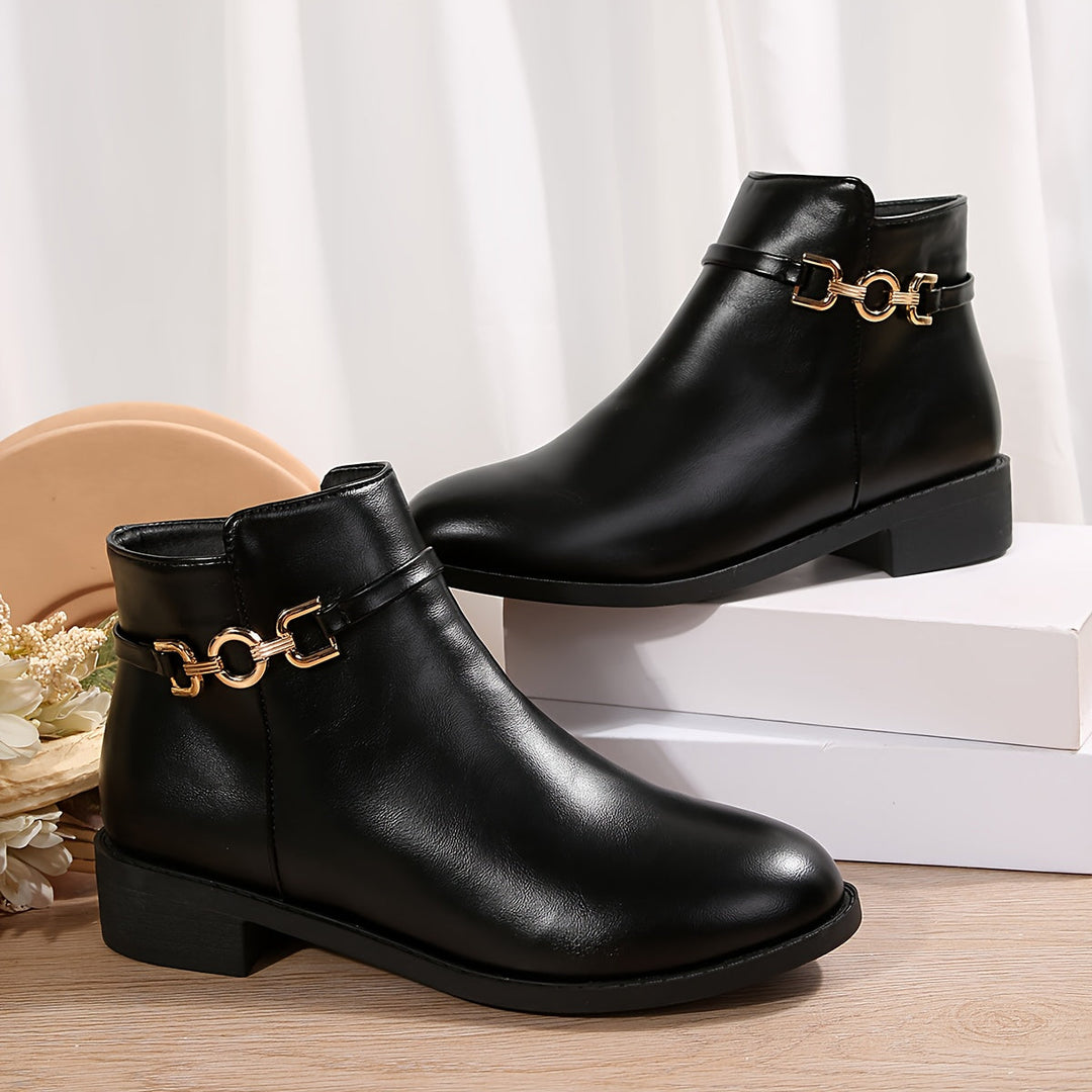 Black Chelsea Ankle Boots With Gold Chain Detail Block Heel