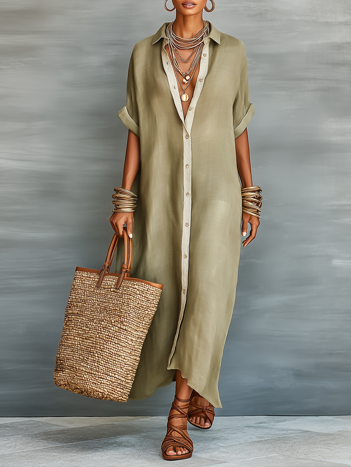 Linen Maxi Dress Short Sleeve Shirt Dress for Women