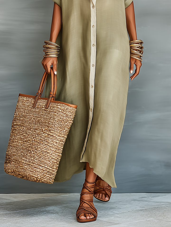 Linen Maxi Dress Short Sleeve Shirt Dress for Women