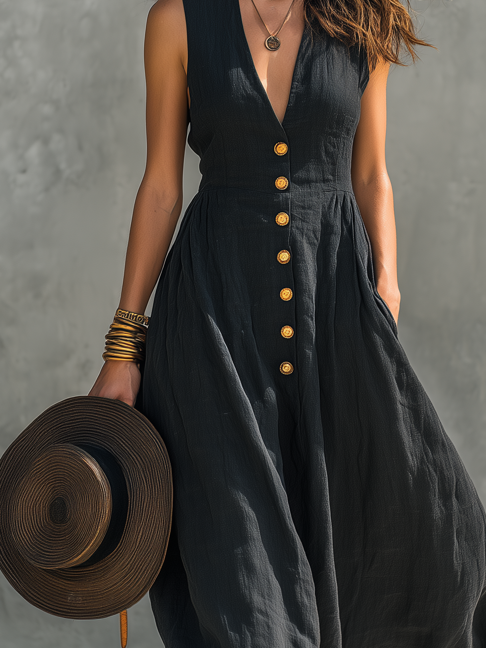 Black Linen Maxi Dress for Women V-Neck Sleeveless