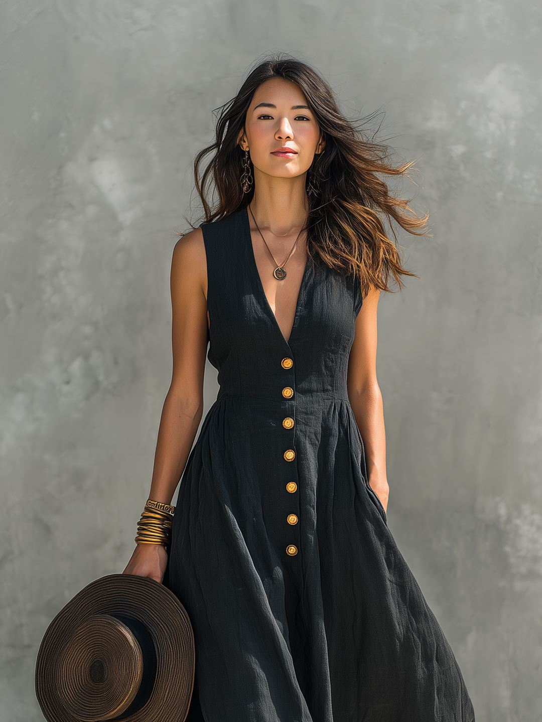 Black Linen Maxi Dress for Women V-Neck Sleeveless