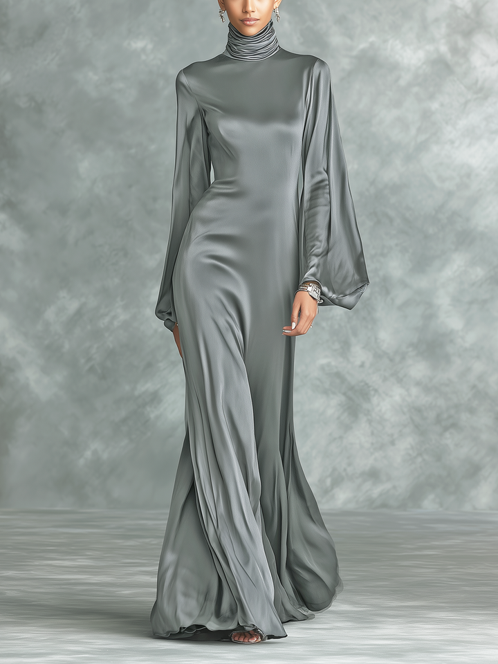 Satin Maxi Dress Long Sleeve High Neck Loose Fit Grey
