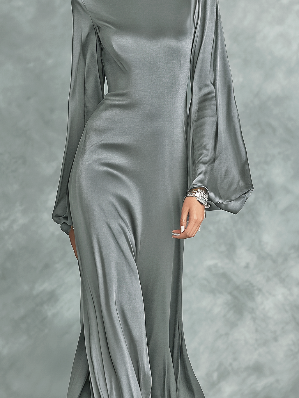 Satin Maxi Dress Long Sleeve High Neck Loose Fit Grey