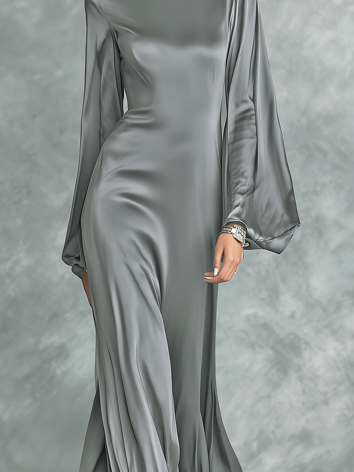Satin Maxi Dress Long Sleeve High Neck Loose Fit Grey