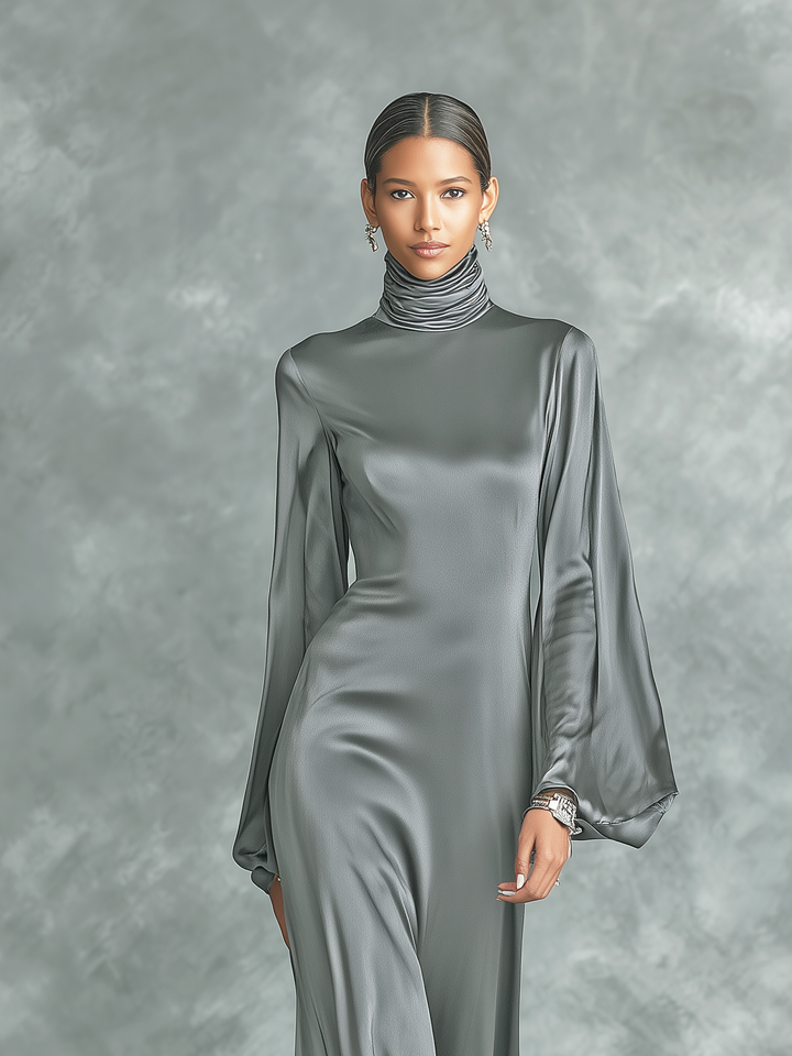 Satin Maxi Dress Long Sleeve High Neck Loose Fit Grey