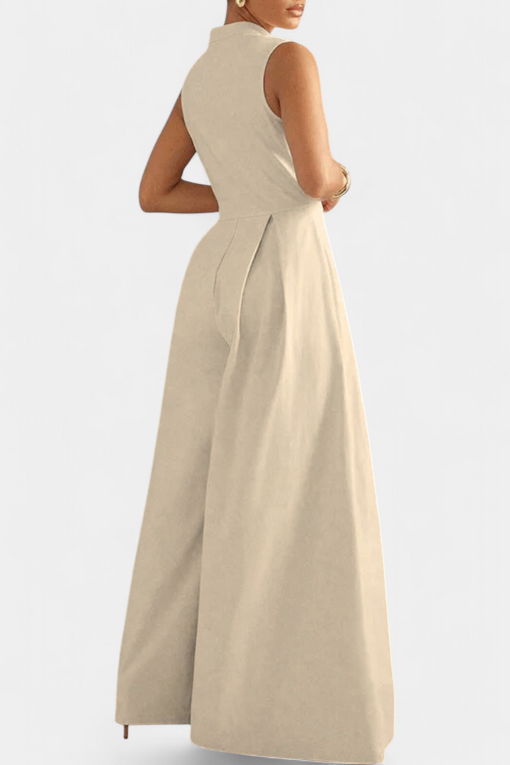 Wide Leg Jumpsuit - Sleeveless Pleated Round Neck for Women