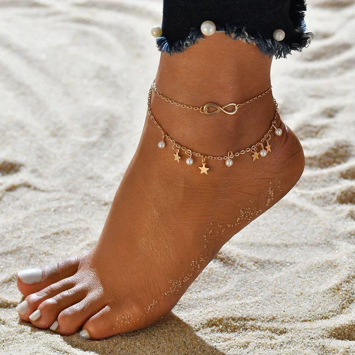 Gold Anklet Bracelet with Pearls and Stars - Infinity Charm Ankle Jewelry