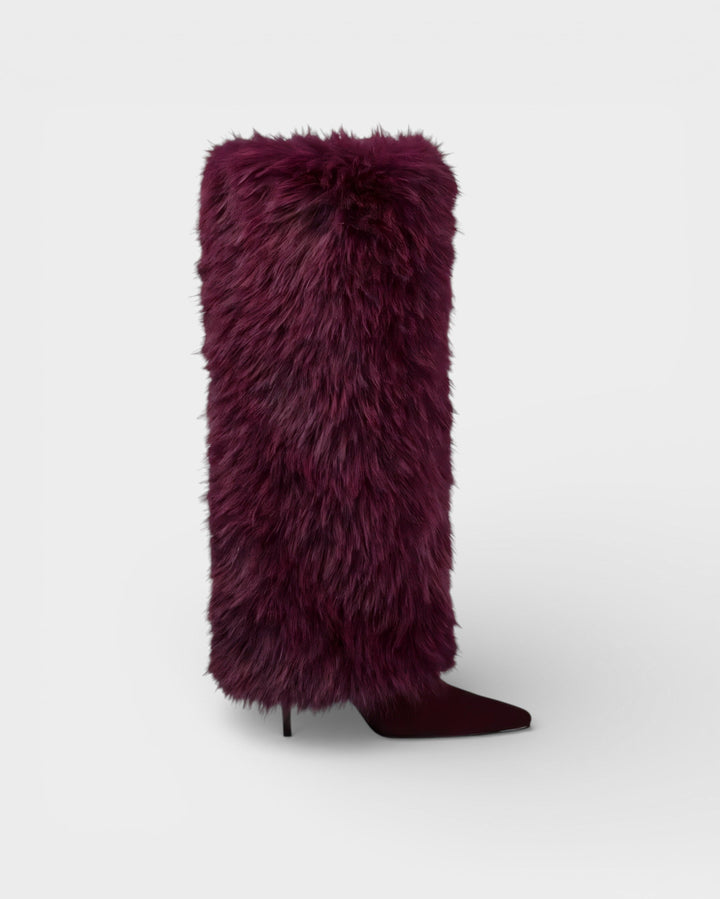 Faux Fur Knee High Boots for Women Pointed Toe Stiletto Heel