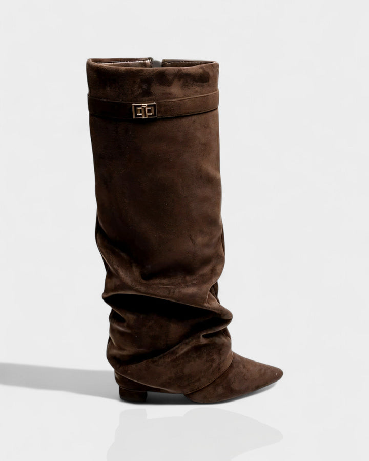 Suede Knee High Boots Women Slouchy Pointed Toe Block Heel