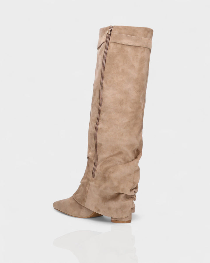 Suede Knee High Boots Women Slouchy Pointed Toe Block Heel