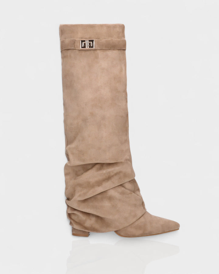 Suede Knee High Boots Women Slouchy Pointed Toe Block Heel