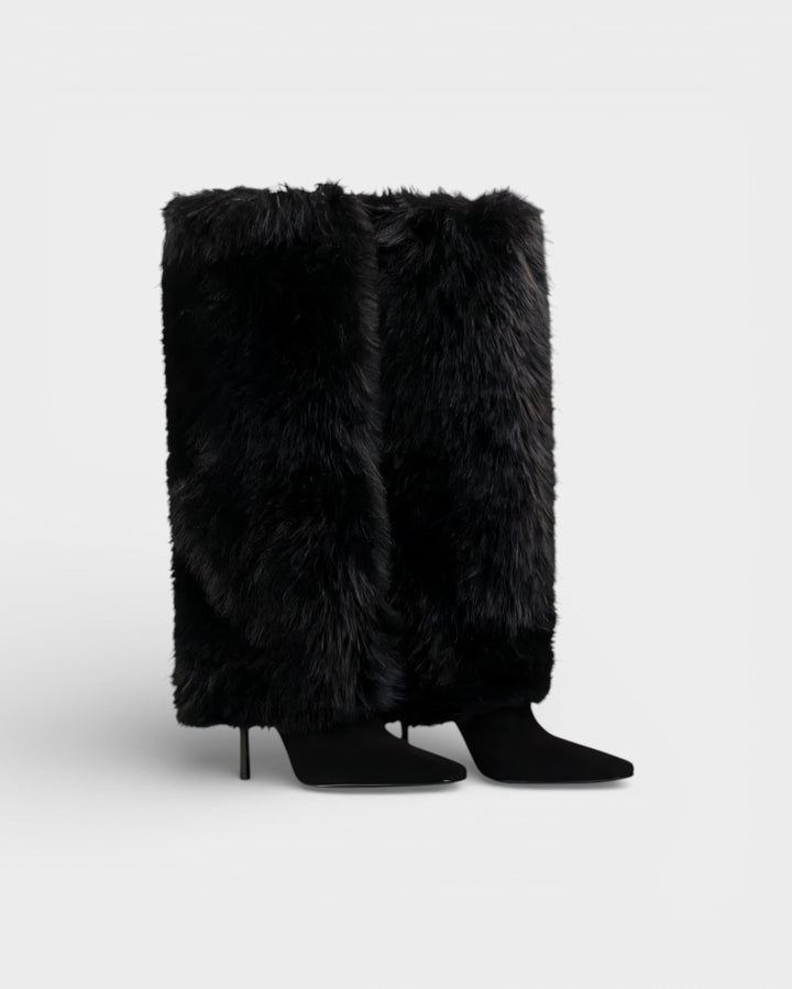 Faux Fur Knee High Boots for Women Pointed Toe Stiletto Heel